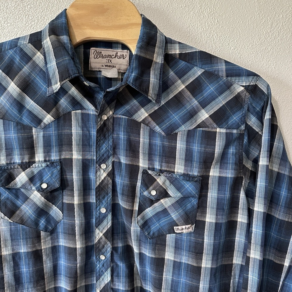 Wrangler Wrancher Pearl Snap Western‎ Shirt Blue Plaid Mens Size 3XL Long Sleeve